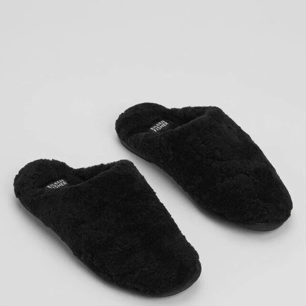 Eileen Fisher Blog Black Lamb Fur Shearling Outdoor Slippers Women's Sizes 5-10